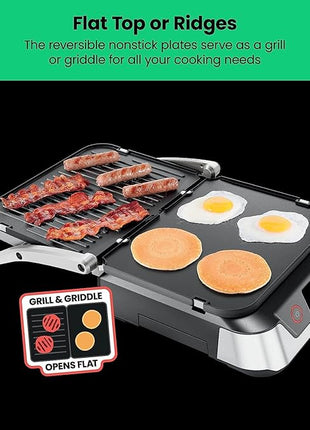 Chefman 5-in-1 Digital Panini Press Grill Sandwich Maker and Griddle Grill Combo with Removable, Reversible Dishwasher-Safe Grilling Plates, Opens 180° for Indoor BBQ /Flat Top Grill, Stainless steel