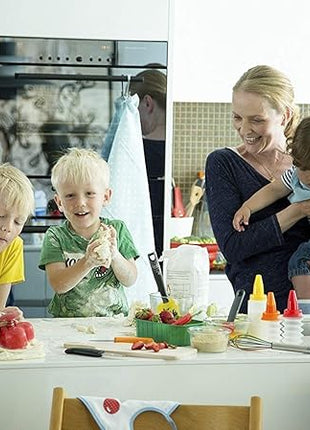 Kuhn Rikon Kinderkitchen® Kids Chef Knife Set With Scissors, 3 Pieces, Green/Blue/White| Cutting Tools Made for Real Cooking | Child Friendly Animal Designs With Hand Guard & Snipper Cover For Safety