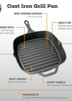 Backcountry Iron 8 Inch Square Grill Pan Medium Pre-Seasoned Cast Iron