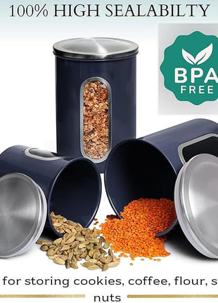 Mixpresso 3-Piece Blue Canisters Sets For The Kitchen, Airtight Canister Set With See Through Window, Storage Jars for Coffee Container, Tea Organizer & Sugar Canister, Blue Kitchen Canisters