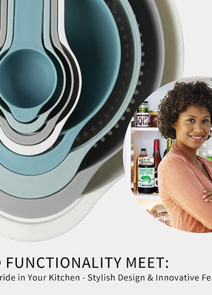 Plastic Mixing Bowls - Multicolored Mixing Bowl Set of 8, Nest for Easy Storage, Inculding Measuring Cups, Colander, Sifter, Large Bowl, Great for Cooking and Baking, Rv Camping Accessories, No BPA