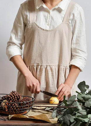 Uaussi Cotton Linen Apron Cross Back Work Apron for Women with Pockets Pinafore Dress X Cross Halter Apron for Chef Gardening