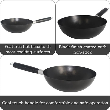 IMUSA 9.5in Carbon Steel Nonstick Wok with Cool Touch Handle, Black