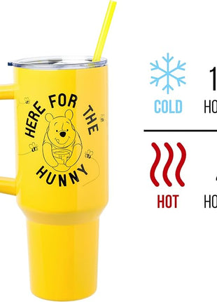 Silver Buffalo Disney Winnie the Pooh Here for the Hunny Stainless Steel Tumbler with Handle and Straw, Fits in Standard Cup Holder, 40 Ounces
