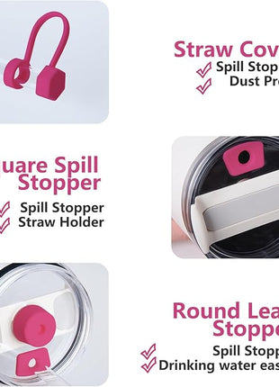 Silicone Spill Stopper Set Compatible with Stanley Cup 2.0 30oz & 40oz with Straw Cover (Set of 2, Rosy)