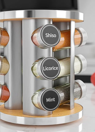 New England Stories Revolving Spice Rack Set with 12 Spice Jars, Kitchen Spice Tower Organizer for Countertop or Cabinet - Carousel Storage Includes 386 Spice Labels
