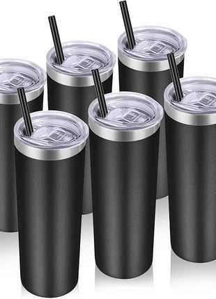 VEGOND Stainless Steel Tumblers Bulk 6 Pack, 20 oz Vacuum Insulated Skinny Tumblers with Lid and Straw, Double Wall Coffee Mug, Travel Water Cup, Black
