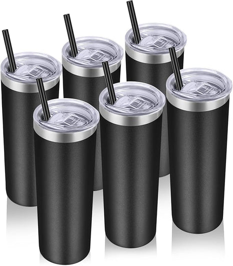 VEGOND Stainless Steel Tumblers Bulk 6 Pack, 20 oz Vacuum Insulated Skinny Tumblers with Lid and Straw, Double Wall Coffee Mug, Travel Water Cup, Black