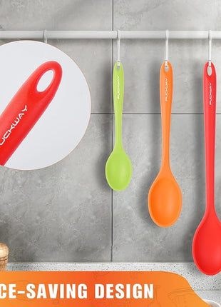 3 Pcs Silicone Spoons Set of 7.9 10.6 14.2 inch for Cooking, Heat Resistant Kitchen Spoons for Mixing, Stirring, and Serving, Small to Large Non Stick (Red & Orange & Green)