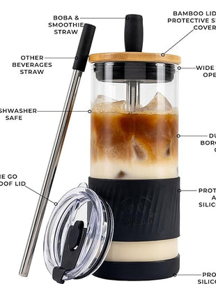Pandaloo® Glass Cups With Lids and Straws -20 Fl Oz- Perfect Size Iced Coffee Cup - Smoothie Cup With Bamboo Lid and On the go Lid - Glass Tumbler With Straw (1 Count (Pack of 1), Black Saphir)