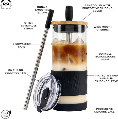 Pandaloo® Glass Cups With Lids and Straws -20 Fl Oz- Perfect Size Iced Coffee Cup - Smoothie Cup With Bamboo Lid and On the go Lid - Glass Tumbler With Straw (1 Count (Pack of 1), Black Saphir)