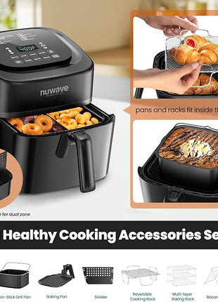 Nuwave Brio 10-in-1 Air Fryer, 6 QT Airfryer Capacity with Smart Probe, Roast Grill Bake for Fast Meals, One-Touch Digital Controls, Powerful 1800W Fryer, 100 Recipes, Removable Divider & Grill Pan