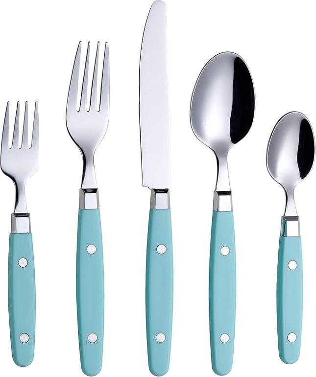ANNOVA Silverware Set, Retro/Rivet Colorful Stainless Steel Tableware Kitchen Flatware Set Utensils, Includes Dinner Knives, Forks, Spoons, Salad Forks & Dessert Spoons (Turquoise, 20 Pieces)