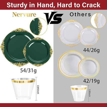 Nervure 350PCS Green Plastic Plates - Green Gold Plastic Dinnerware Sets for 50 Guests - 100 Disposable Plates, 150 Gold Silverware, 50 Cups, 50 Napkins Perfect for Wedding & Party