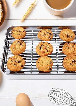 Wildone Baking Sheet with Rack Set [2 Sheets + 2 Racks], Stainless Steel Cookie Pan baking Tray with Cooling Rack, Size 9 x 7 x 1 Inch, Non Toxic & Heavy Duty & Easy Clean