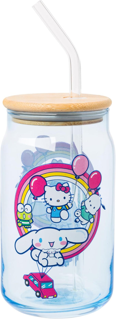 Silver Buffalo Sanrio Hello Kitty & Friends Floating Car Balloons Featuring Cinnamoroll, Pochacco, and Keroppi Glass Jar Tumbler with Bamboo Lid and Glass Straw, 16 Ounces