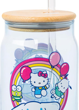 Silver Buffalo Sanrio Hello Kitty & Friends Floating Car Balloons Featuring Cinnamoroll, Pochacco, and Keroppi Glass Jar Tumbler with Bamboo Lid and Glass Straw, 16 Ounces (Pack of 12)