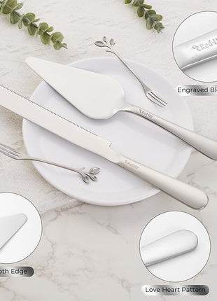 Wedding Cake Cutting Set, Elegant Wedding Cake Knife and Server Set with Thick Stainless Steel Wide Handle, Cake Cutting Set for Wedding Anniversary Christmas, Cake Cutter, 2 Cute Forks and Bows
