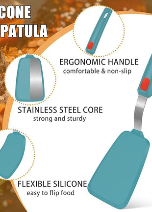 Beijiyi Silicone Spatula Turner Set of 3, 600°F Heat Resistant Nonstick Turner Spatulas for Kitchen Use, Large Flexible Silicone Cooking Utensils Rubber Spatula Set for Egg, Pancake, Fish (Blue)