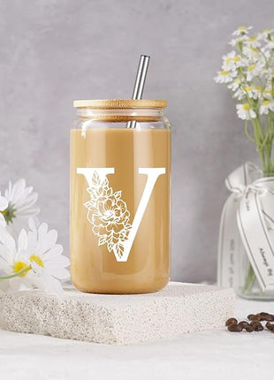 Coolife Initial Glass Cup, Monogrammed Gifts for Women, 16 oz Glass Cups w/Lids Straws, Iced Coffee Smoothie Beer Tumbler w/Straw Lid - Personalized Christmas, Birthday Gifts for Her Mom Friend Woman