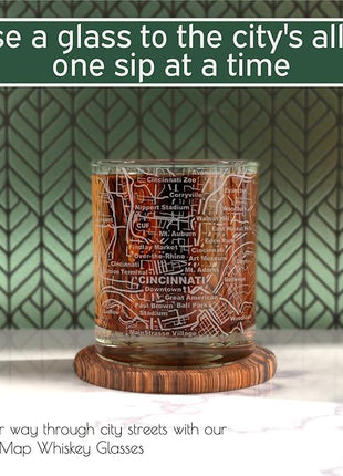Greenline Goods Whiskey Glasses - 10 Oz Tumbler Set for Cincinnati lovers, Etched with Cincinnati City Map Old Fashioned Rocks Glass - Set of 2