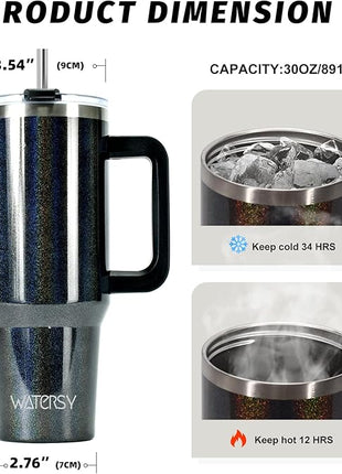 30 oz Shiny Tumbler with Handle and Straw,Stainless Steel Tumbler with Lid and Straw,Insulated Travel Mug(Cold for 34 Hours),Water Bottle for Iced Tea,Coffee (Black)