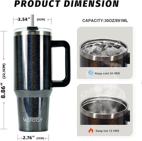 30 oz Shiny Tumbler with Handle and Straw,Stainless Steel Tumbler with Lid and Straw,Insulated Travel Mug(Cold for 34 Hours),Water Bottle for Iced Tea,Coffee (Black)