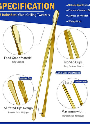 JETKONG 2 Pcs 18 Inch (45cm) Stainless Steel Grill Tongs Heavy Duty Giant Tweezer Tongs, Extra Large Tweezers Tools for Cooking, Grilling, BBQ and Turning Food (Gold)