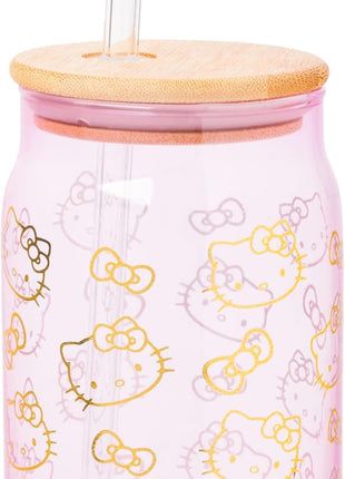 Silver Buffalo Sanrio Hello Kitty Gold 2 Pack Pink Glass Jar Tumbler with Bamboo Lid and Glass Straw, 16 Ounces