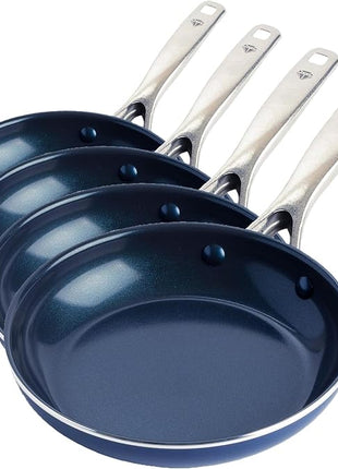 Blue Diamond Frying Pan 8” Skillet, Diamond Infused Healthy Ceramic Nonstick, PFAS and PFOA-Free, Dishwasher and Oven Safe, Even Heating, Metal Utensil Safe, Warp Control Base, Blue (Pack of 4)