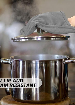 BPA-Free Soft Silicone 4 Piece Oven Mitts & Pot Holders Set - Ultra Heat Resistant Oven Mitts with Thick Cotton Liner - Long Slip Resistant Pot Holders, Flexible Oven Gloves - Gray