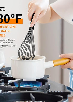 HOTEC 4 Pieces Silicone Whisks Set, Wire Balloon Whisks Egg Beater, Non-slip Handle Whisk for Non-stick Cookware Perfect for Cooking, Stirring, Beating and Blending (Black)