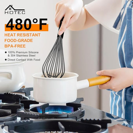 HOTEC 4 Pieces Silicone Whisks Set, Wire Balloon Whisks Egg Beater, Non-slip Handle Whisk for Non-stick Cookware Perfect for Cooking, Stirring, Beating and Blending (Black)