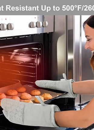 KEGOUU Oven Mitts and Pot Holders 6pcs Set, Kitchen Oven Glove High Heat Resistant 500 Degree Extra Long Oven Mitts and Potholder with Non-Slip Silicone Surface for Cooking （Greenish Gary）