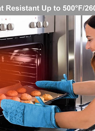KEGOUU Oven Mitts and Pot Holders 6pcs Set, Kitchen Oven Glove High Heat Resistant 500 Degree Extra Long Oven Mitts and Potholder with Non-Slip Silicone Surface for Cooking (Sky Blue)