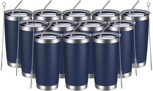 MEWAY 20oz Tumbler 12 Pack Double Wall Vacuum Insulated Travel Mug Bulk, Stainless Steel Tumblers with Lid and Straw, Durable Powder Coated Coffee Cups for Cold & Hot Drinks (Navy, 12)