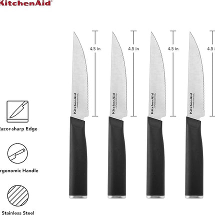 KitchenAid Classic 4 Piece Steak Knife Set, 4.5-Inch, High-Carbon Japanese Stee Blades, Sharp Kitchen Knife Set, Black