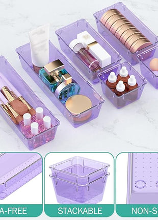 WOWBOX 6 Pack Clear Drawer Organizer Set, Acrylic Drawer Storage Trays, Storage Bins for Makeup, Cosmetics, Jewelries, Utensils, Gadgets, Office, Purple