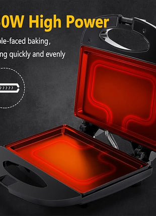 Aigostar Sandwich Maker with Non-stick Deep Grid Surface for Egg, Ham, Steaks Compact Electric Grill Tostadora de Pan Black, ETL Certificated, Roy