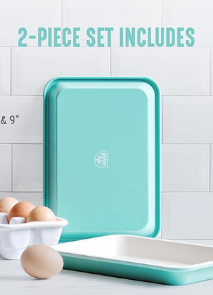 GreenLife 13" x 9" Quarter Sheet Baking Pans, 2 Piece Bakeware Set, PFAS-Free Ceramic Nonstick Rectangular Cookie Trays, Oven Safe to 450°F, Even Heating, Easy Clean Ovenware, Turquoise