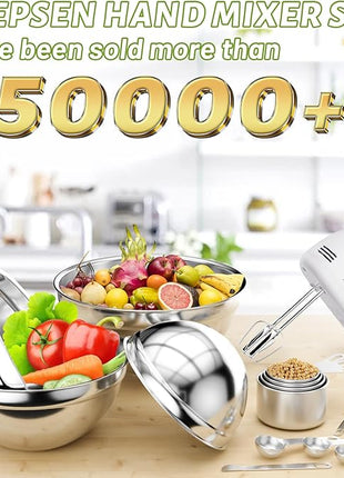 Hand Mixer Electric Mixing Bowls Set, 5 Speeds Handheld Mixer with 4 Nesting Stainless Steel Mixing Bowl, Measuring Cups Spoons 200W Kitchen Blender Whisk Beater Baking Supplies For Beginner