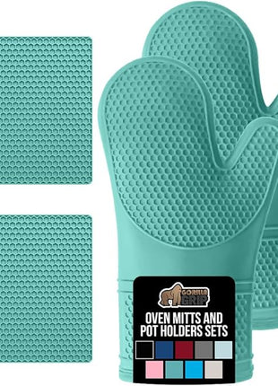 GORILLA GRIP BPA-Free Soft Silicone Oven Mitts and Pot Holders Sets, Heat Resistant Waterproof Cooking Gloves, Thick Cotton Lining, Flexible Gripping for Baking Grilling, Kitchen Trivets, Turquoise