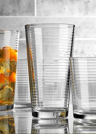 Drinking Glasses - Set of 8 Glass Cups, 4 Highball Glasses (17oz) 4 Rocks Glasses (13oz) Ribbed Glasses for Mixed Drinks, Water, Juice, beer, Wine, Excellent Gift!
