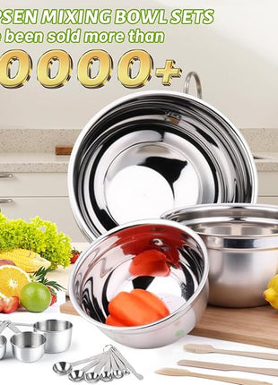 Mixing Bowls Set, 27PCS Khaki Mixing Bowls With Lids Set Stainless Steel Kitchen Large Nesting Metal Bowl 7QT to 1.5QT, Measuring Cups and Spoons for Prepping Cooking Serving