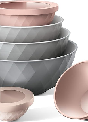 COOK WITH COLOR Mixing Bowls with Lids - 12 Piece Plastic Nesting Bowls Set includes 6 Prep Bowls and 6 Lids, Diamond Design - Microwave Safe, Pink and Grey