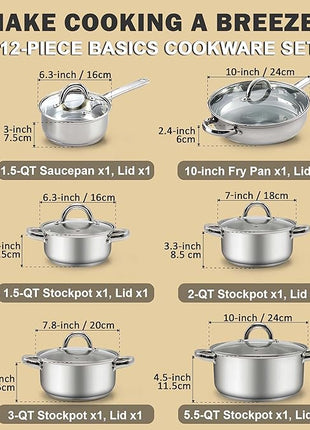 Cook N Home Kitchen Cookware Sets, 12-Piece Basic Stainless Steel Pots and Pans, Silver