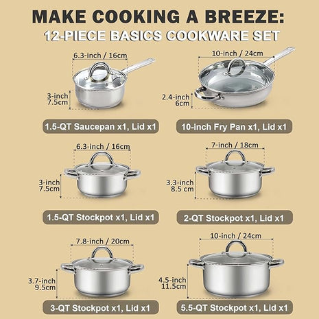 Cook N Home Kitchen Cookware Sets, 12-Piece Basic Stainless Steel Pots and Pans, Silver