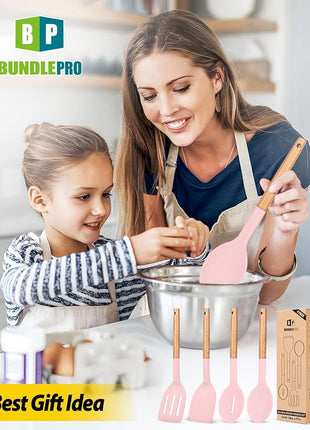 Pack of 4 Silicone Cooking Utensils Set, Non Stick Solid Spatulas and Heat Resistant Slotted Spoons with Wooden Handle, Ideal Wood Kitchen Utensils Set for Frying,Serving,Turning,Stirring (PINK)