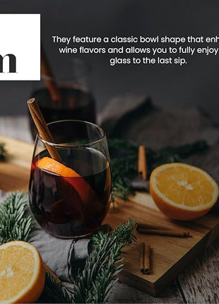 Stemless Wine Glass, Red & White 15oz Stemless Wine Glass Set of 4, Drink Glasses with Durable Chip Resistant Rim, Large Wine Glasses for Enhanced Aeration, Wine Accessories for Parties (15oz - 4Pack)