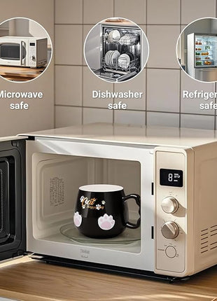 Bgbg Cute Cat Mug, Novelty Ceramic Coffee Tea Milk Cup with Lovely Kitty Lid, Kawaii Claw Spoon, Anime Coaster, Novelty Things Birthday Christmas Gift for Cat Lovers Women Her, 14 oz, Black